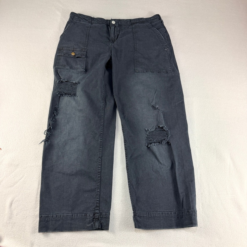 Pilcro Anthropologie Women Black Distressed Wide Leg Cargo Pants Size 29 Ripped